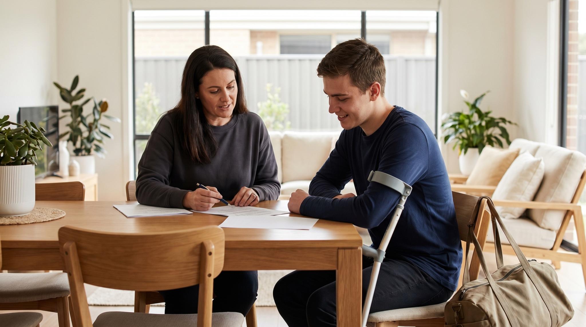 Myxa support worker walking a young adult NDIS participant through a printed support plan at a sunlit dining table in his home after a hospital discharge, with a duffel bag on the floor and a forearm crutch on his arm