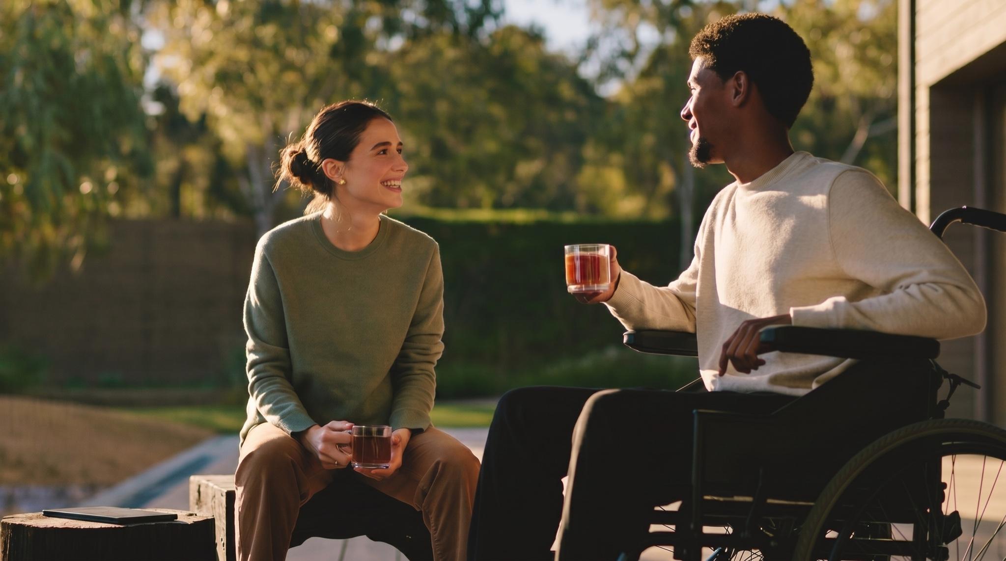 A Myxa support worker and a young NDIS participant having a calm conversation over tea on the sunlit timber deck of a modern Australian SDA home